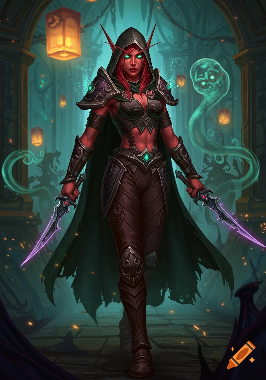 A red-skinned female elf rogue in dark armor, holding two glowing daggers, stands in a gothic corridor with glowing lanterns and a green ghost.