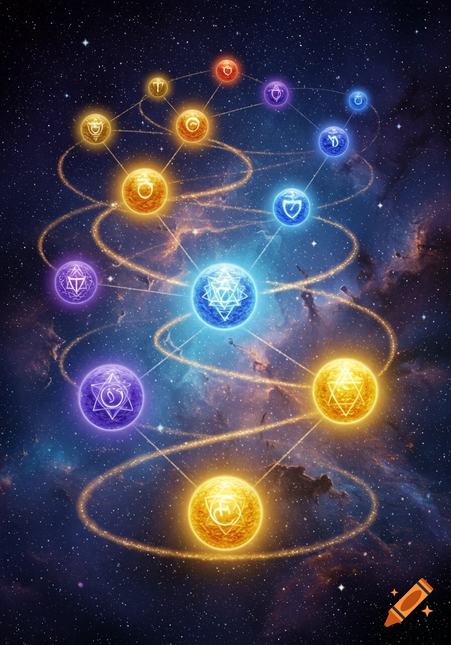 A dark cosmic background with nebulae and stars highlights a network of ten glowing, colorful orbs connected by golden, swirling lines. Each orb contains a unique mystical symbol.