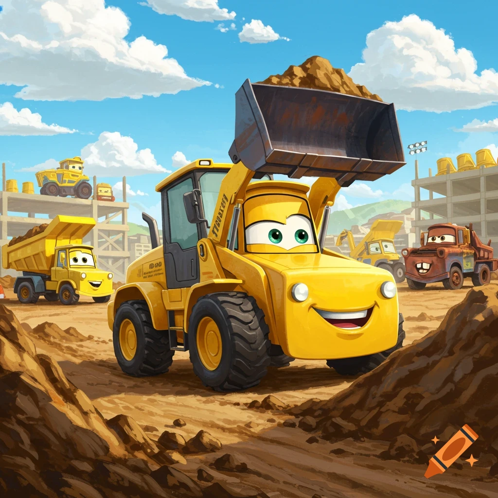 A happy yellow skidloader with a pile of dirt in its bucket, surrounded by other cartoon construction vehicles at a sunny construction site.