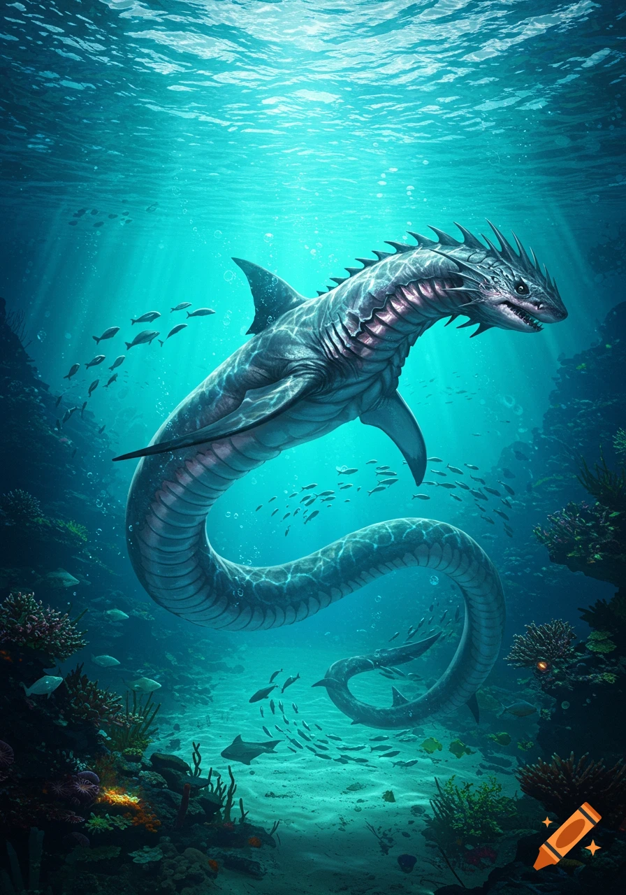 A majestic blue-grey shark-snake hybrid creature swims in clear blue ocean water over a coral reef, with schools of fish.