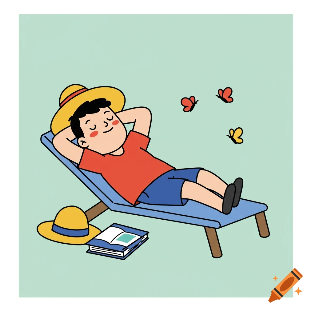 Cartoon illustration of a man napping on a blue lounge chair with a yellow hat and a book next to him, under flying butterflies.
