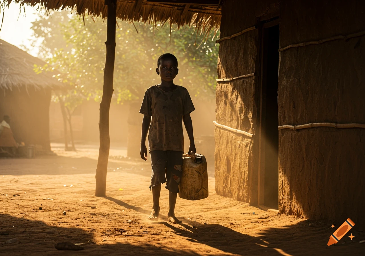 A young boy carries a yellow jerrycan down a dusty, sunlit path in an African village, looking directly at the viewer.