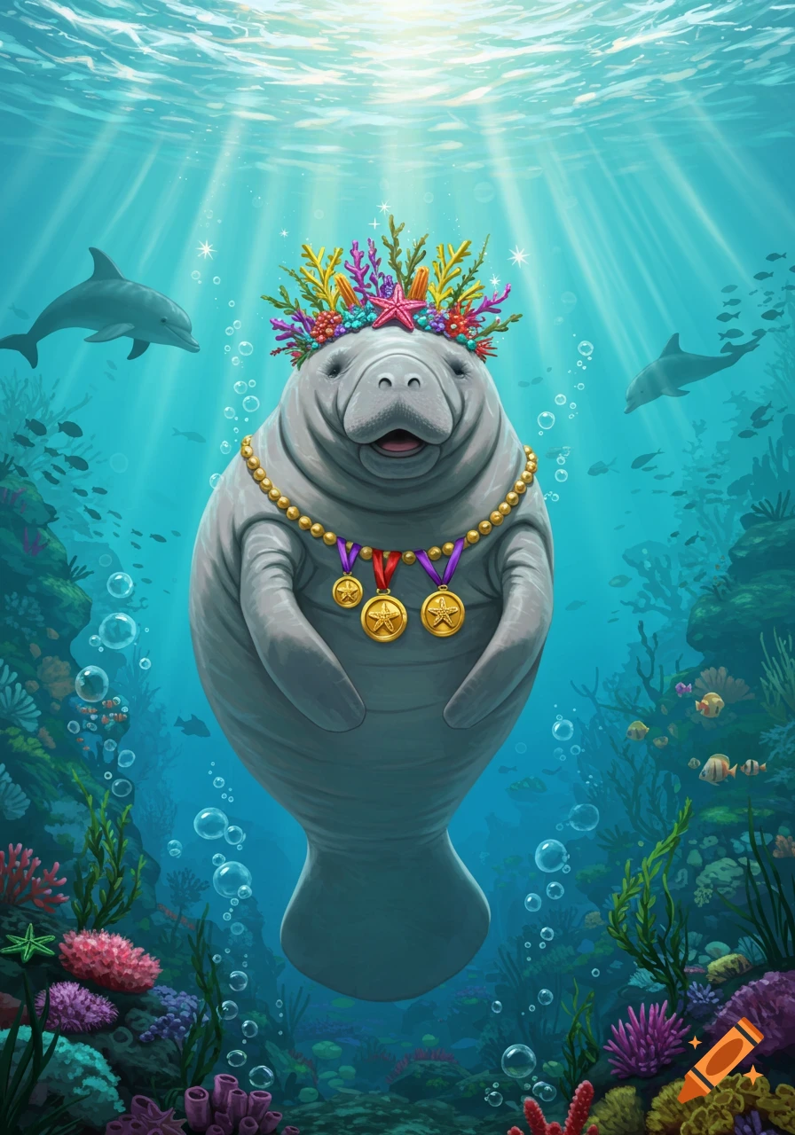 A happy manatee wearing a colorful coral crown and gold medals swims underwater with dolphins and coral reefs, with sun rays piercing the water.
