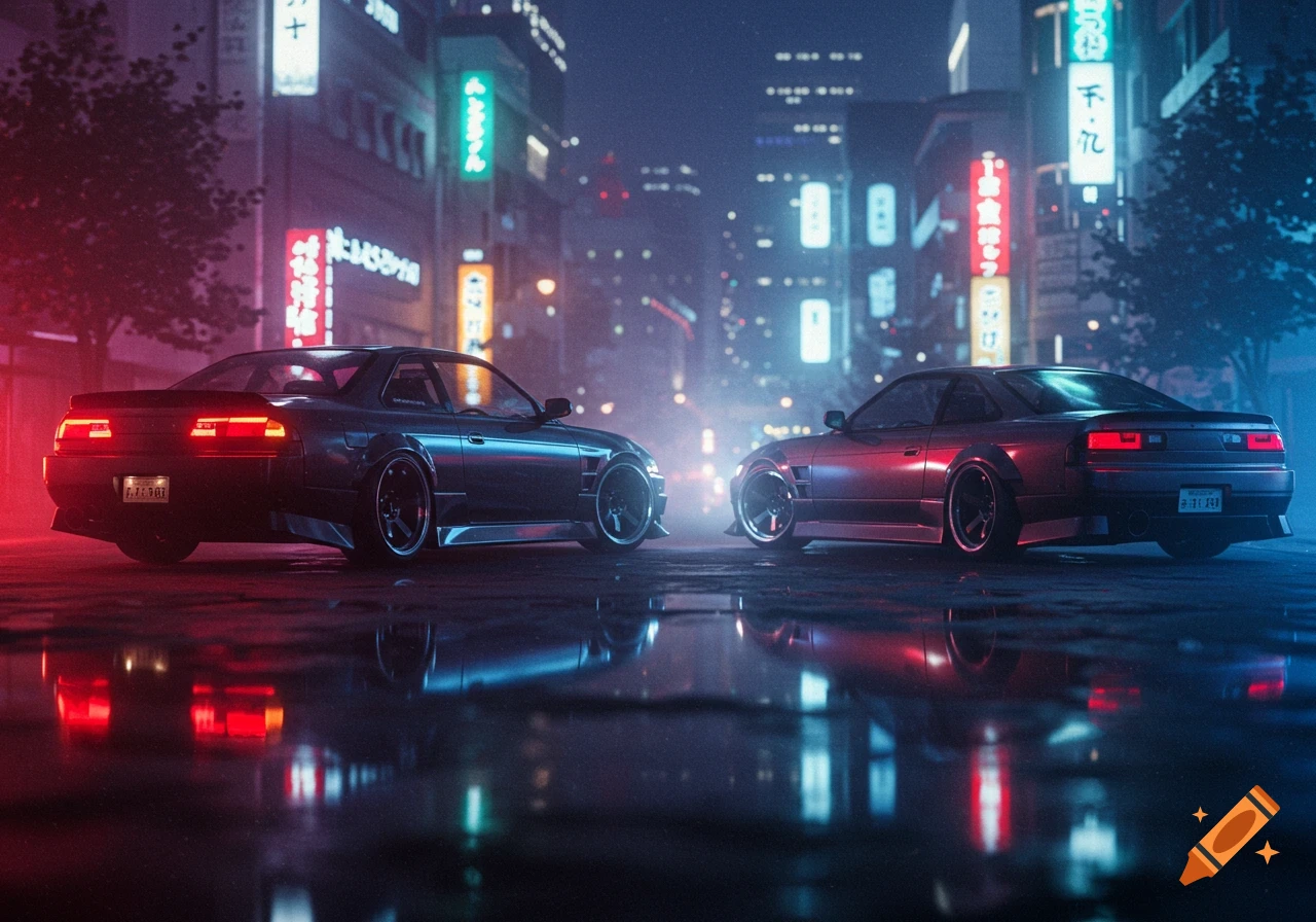 Two tuned Nissan Silvia cars face each other on a wet Tokyo street at night, illuminated by colorful neon signs reflected on the ground.