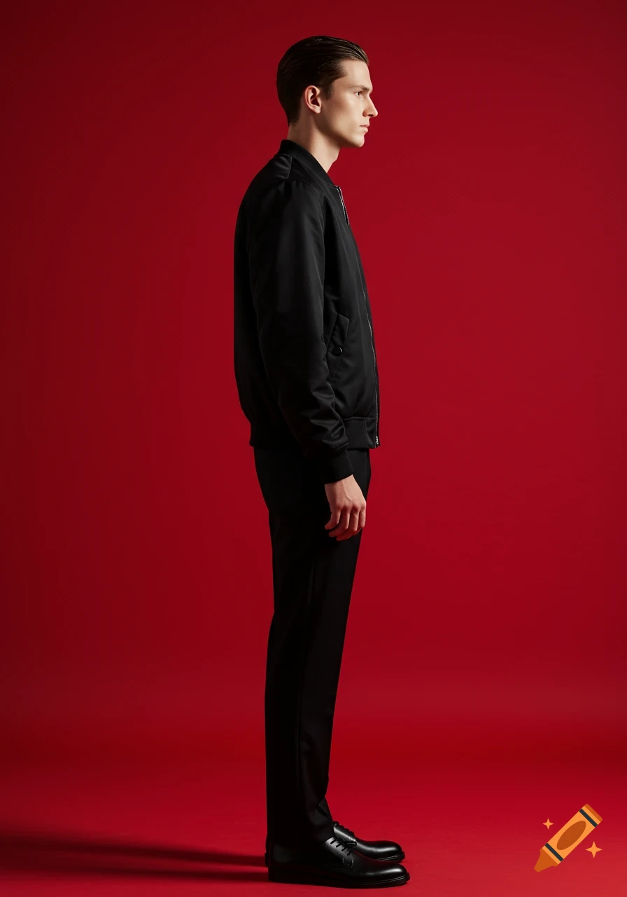 A man in a black bomber jacket and black pants stands in profile against a red background.