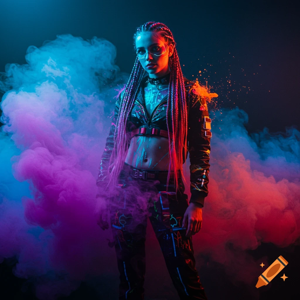 A futuristic cyberpunk woman in colorful streetwear with braided hair and glasses, posing in a smoky, neon-lit environment.