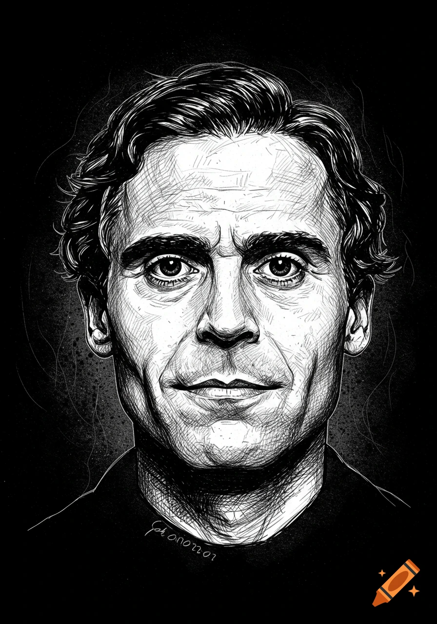 Black and white sketch portrait of a man with wavy hair looking forward.