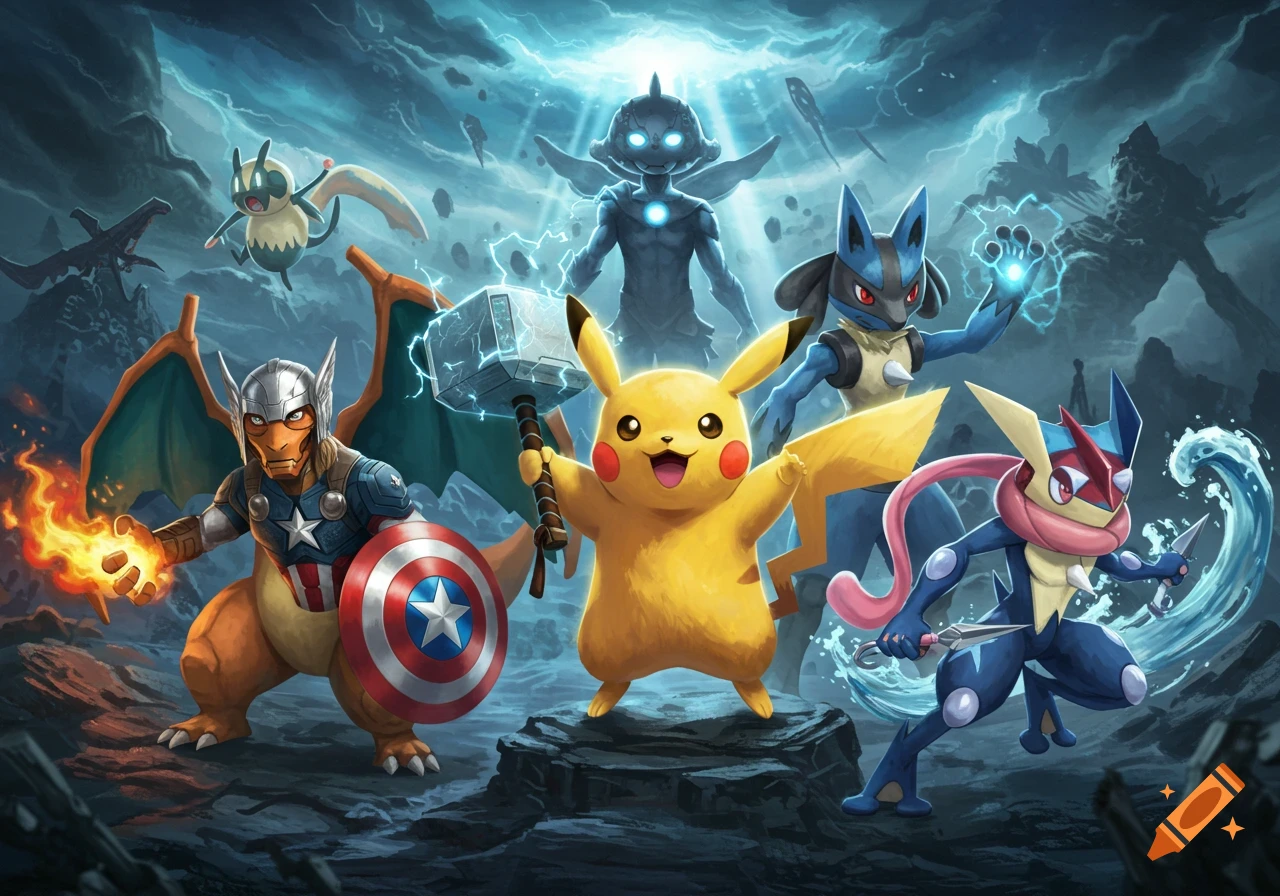 Pikachu as Thor, Charizard as Captain America, Lucario, and Greninja are among various Pokemon depicted as Avengers in an epic digital art style.
