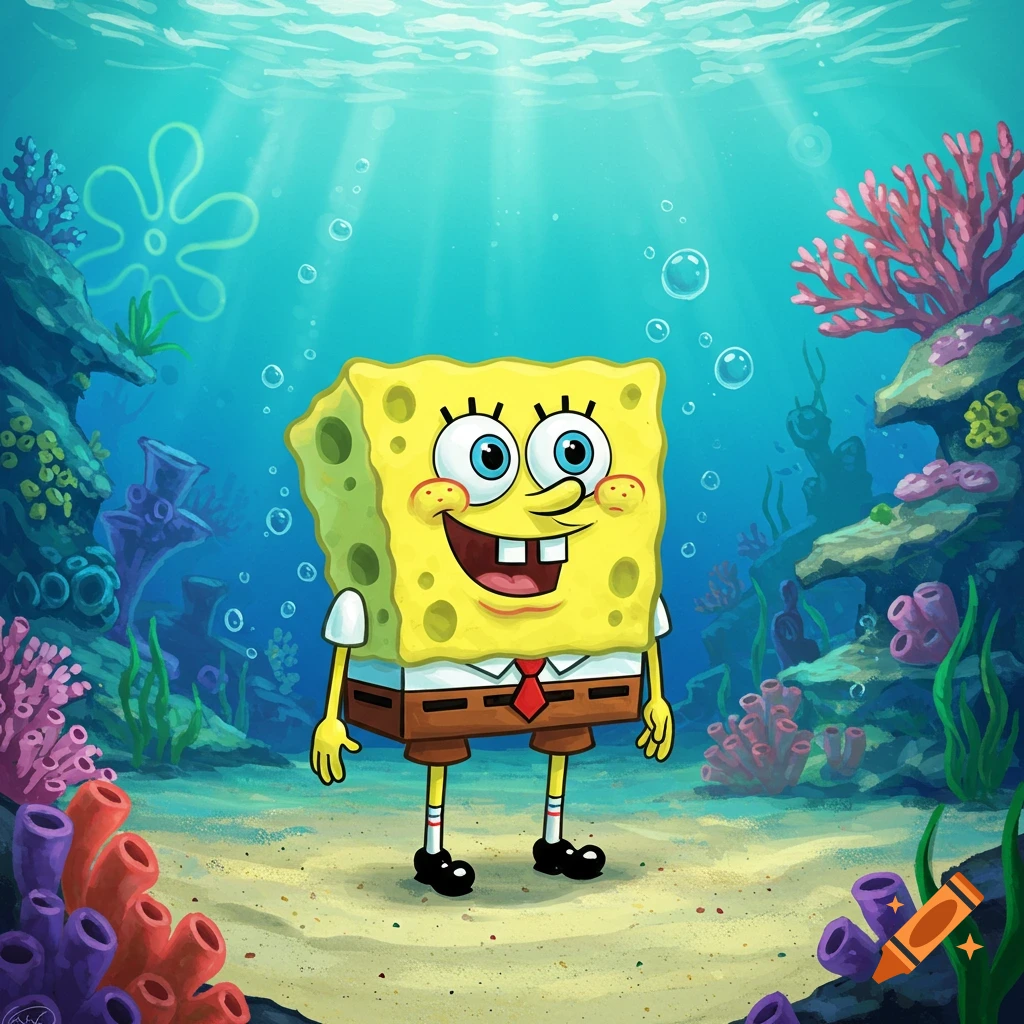 Spongebob Squarepants smiles brightly on the sandy ocean floor surrounded by colorful coral and rocks, with light rays from the surface.