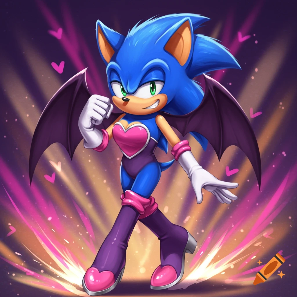 Blue hedgehog character, Sonic, dressed in a purple and pink bat costume with wings and heart details, striking a pose.