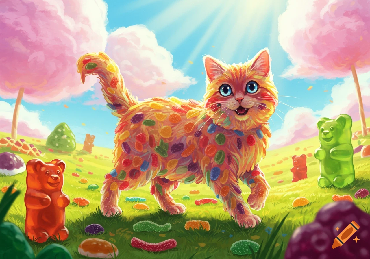 A vibrant, fluffy cat covered in colorful candies walks through a sweet candy land with gummy bears and cotton candy trees.