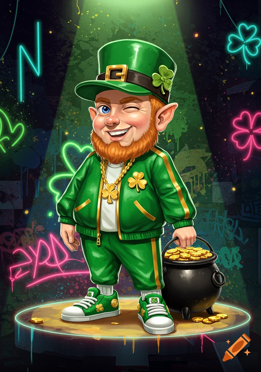 A cartoon leprechaun in a green tracksuit, gold chain, and hat winks, holding a pot of gold on a neon-lit stage.