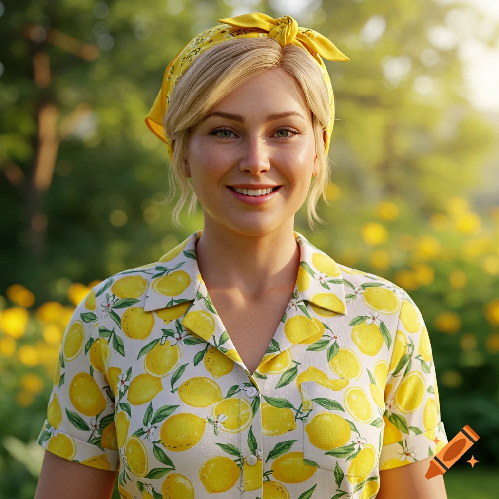 A smiling blonde woman in a yellow bandana and lemon-patterned shirt stands outdoors in a sunny field of yellow flowers.