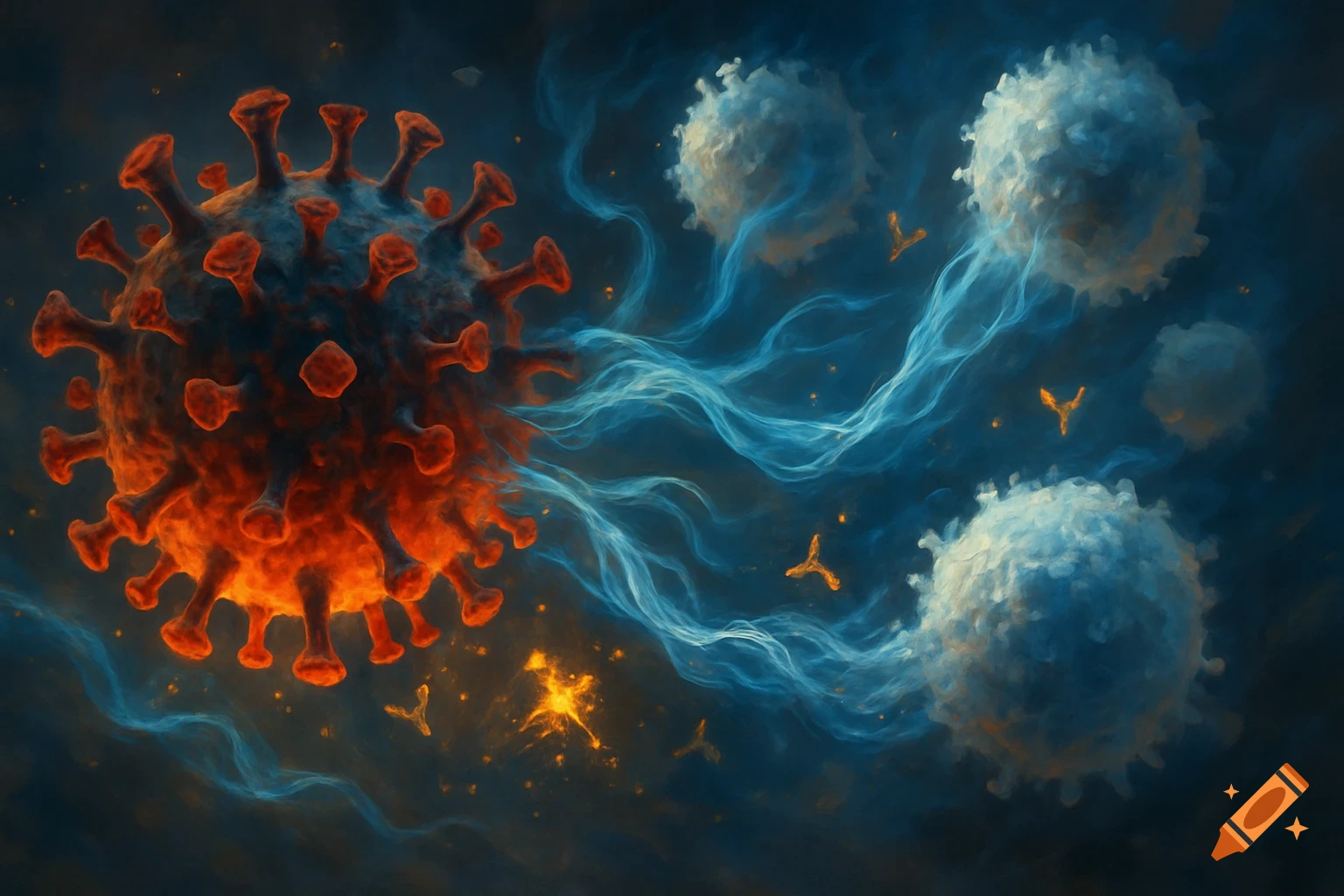 Microscopic view of a red COVID-19 virus particle interacting with white immune cells and antibodies in a dark blue fluid.