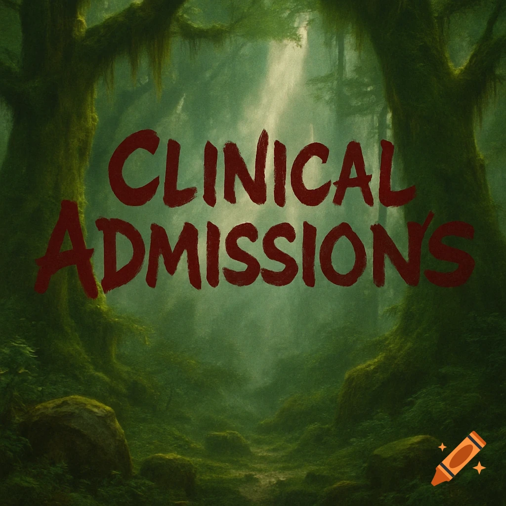 Red text 'CLINICAL ADMISSIONS' over a dark, moss-covered fantasy jungle scene with ancient trees and a misty path.
