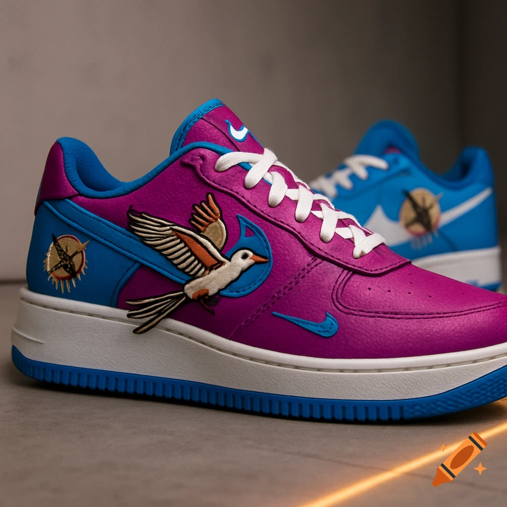 A vibrant magenta and blue Nike sneaker with a white sole, featuring an embroidered scissor-tailed flycatcher and a golden circular logo.