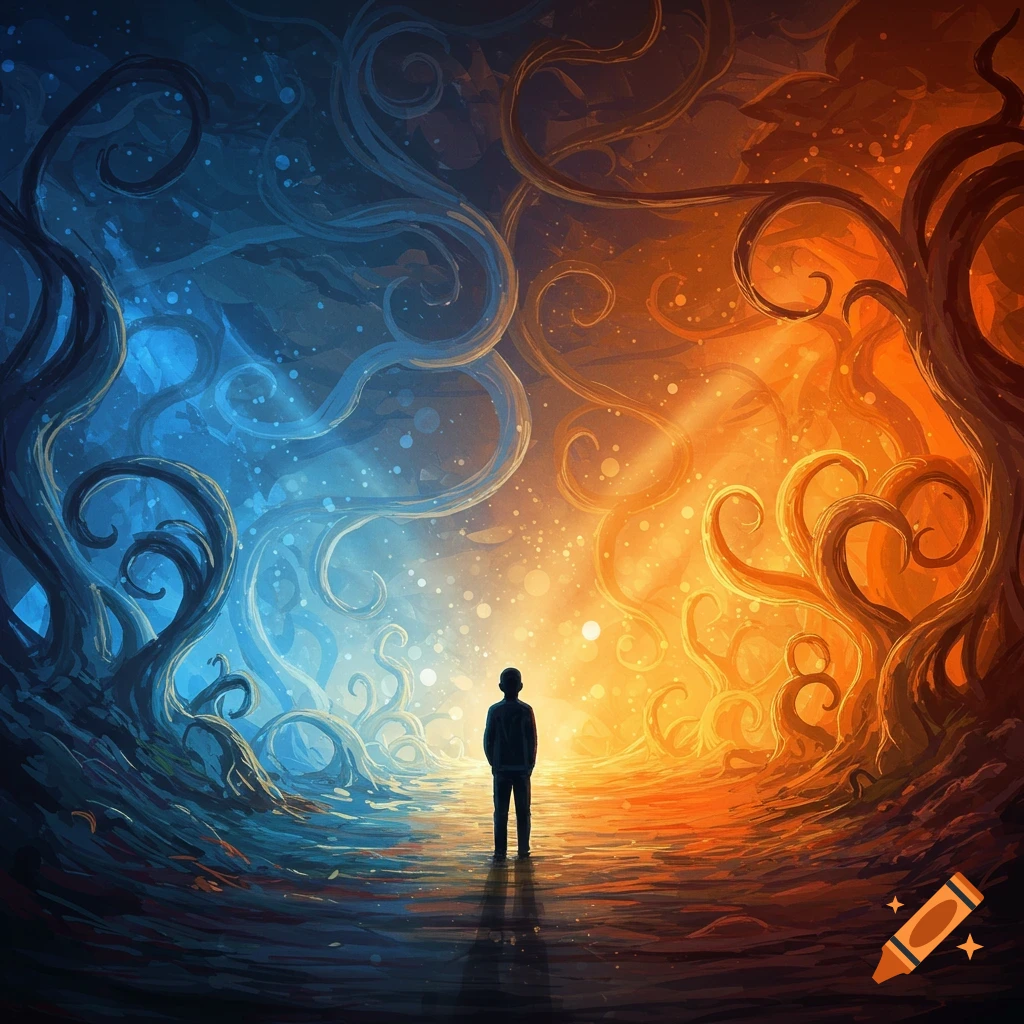 A silhouette of a person stands on a path between two swirling, abstract landscapes in contrasting blue and orange colors, resembling a conceptual painting.