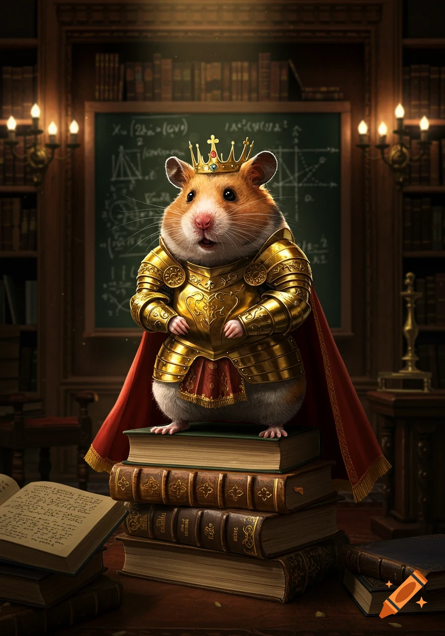 A regal hamster in golden armor and a crown stands on a stack of books in a dimly lit library.
