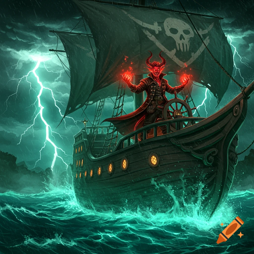 A red-skinned Tiefling pirate warlock with horns stands at a ship's helm, conjuring red energy during a stormy sea with lightning, digital art.