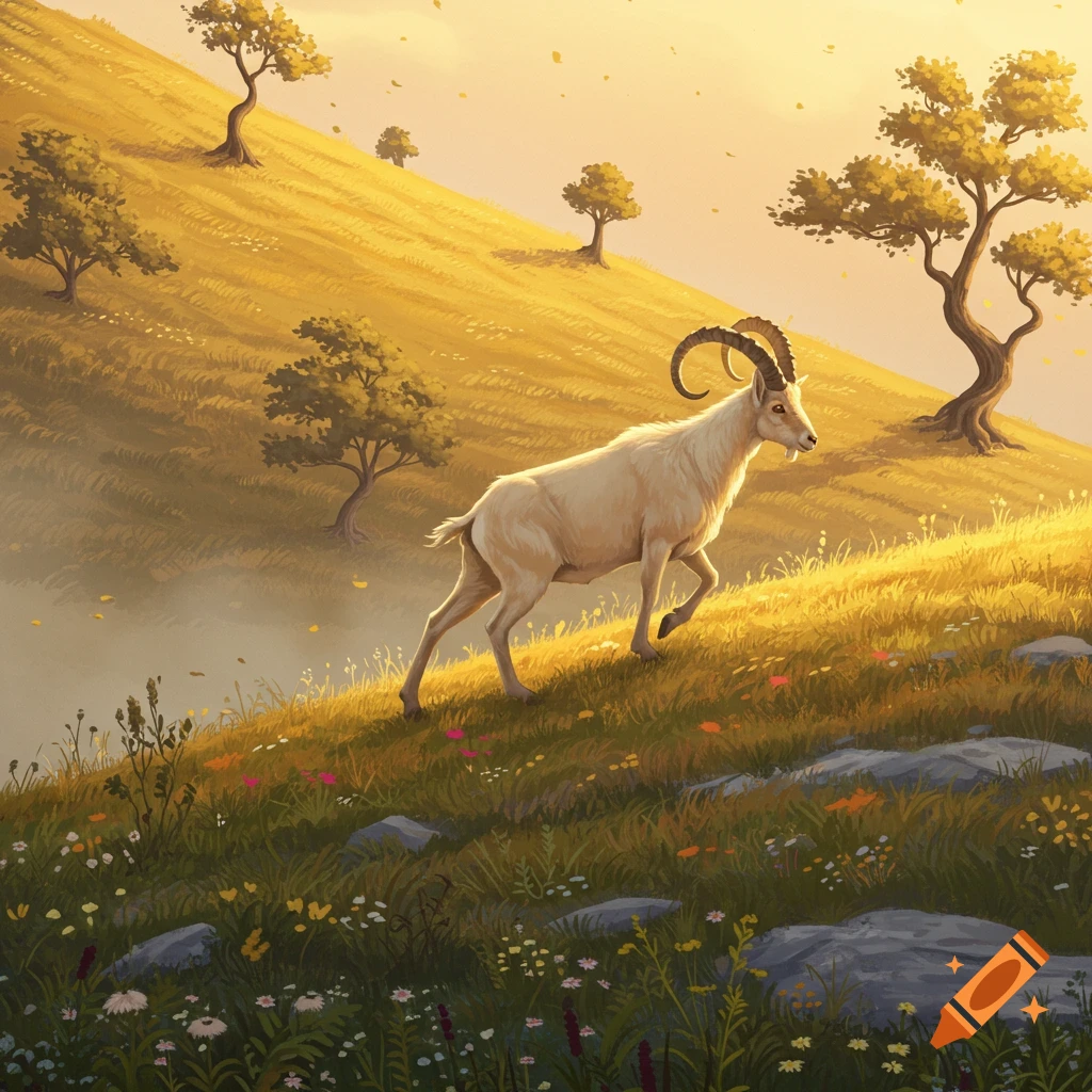 An illustrated light tan goat walks up a grassy hill with trees and flowers under a warm, glowing sky.