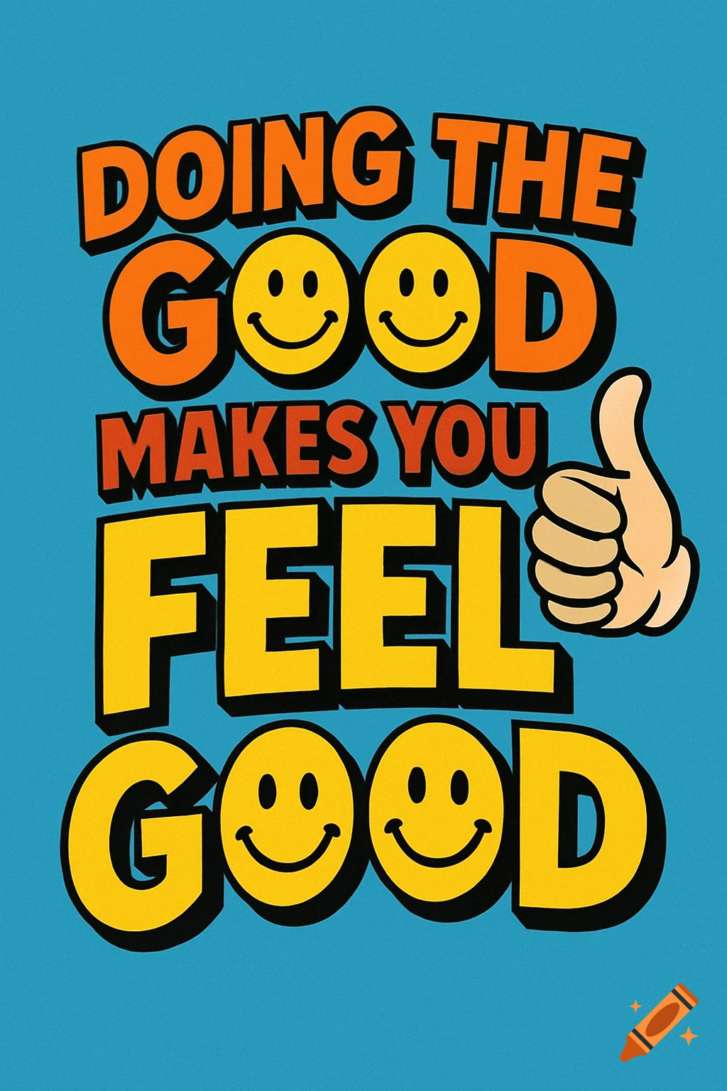 Blue background with orange and yellow text: 'DOING THE GOOD MAKES YOU FEEL GOOD', with smileys for 'O's and a thumbs up icon.