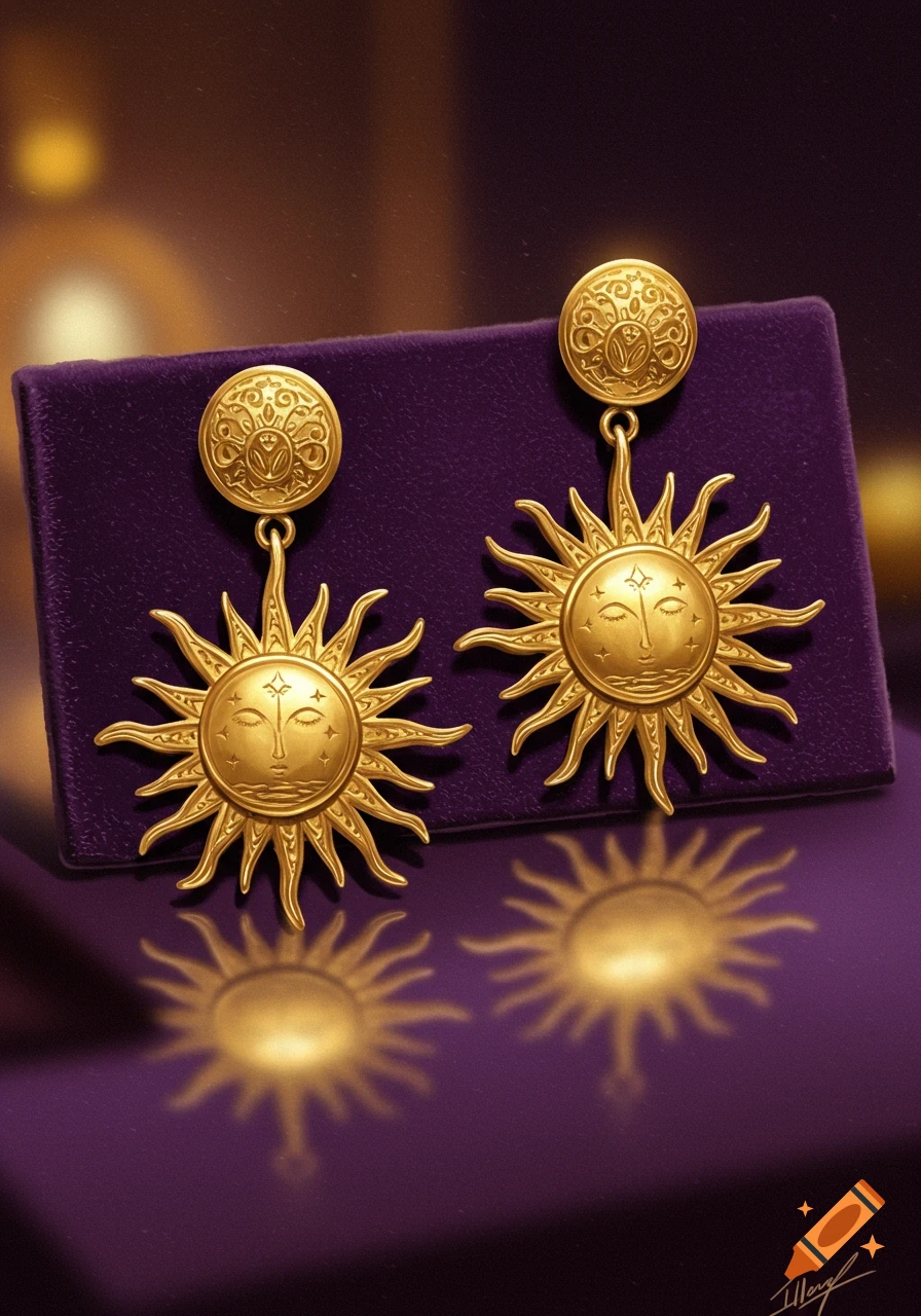 A pair of ornate golden sun-shaped earrings with serene faces, displayed on a rich purple velvet surface with reflections.