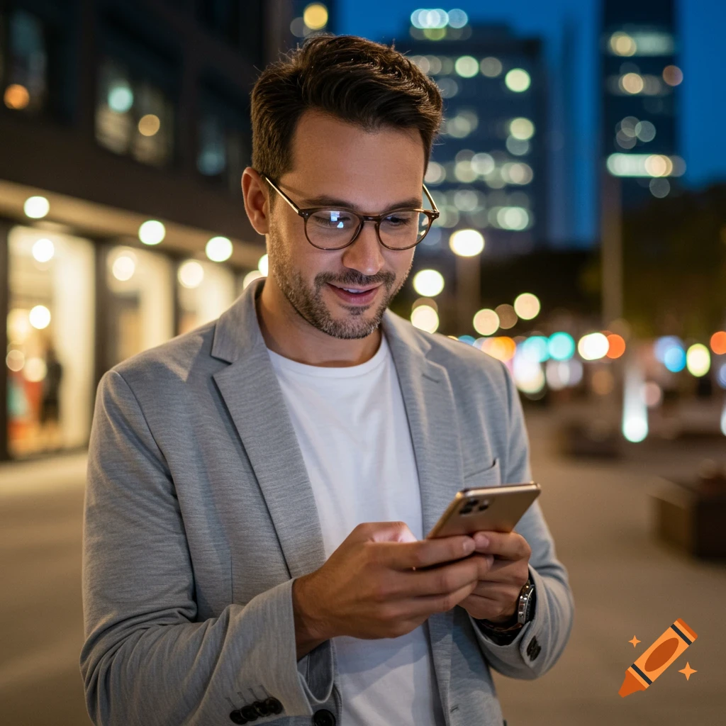 A man wearing glasses and a light grey blazer looks at his smartphone at night in a city with bokeh lights in the background.