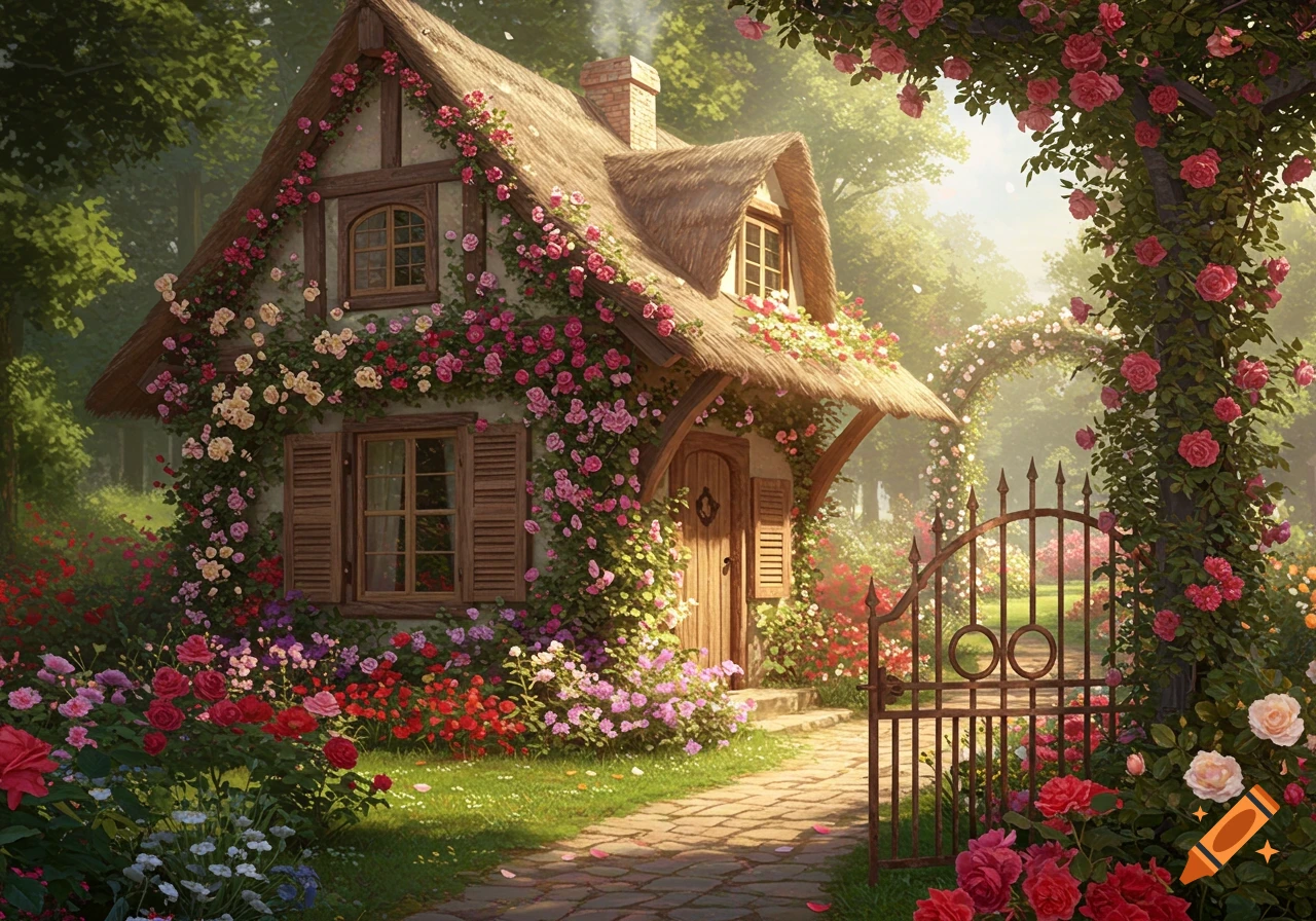 A charming cottage with a thatched roof, covered in climbing pink and red roses, nestled in a vibrant, blooming garden with a stone path and iron gate.