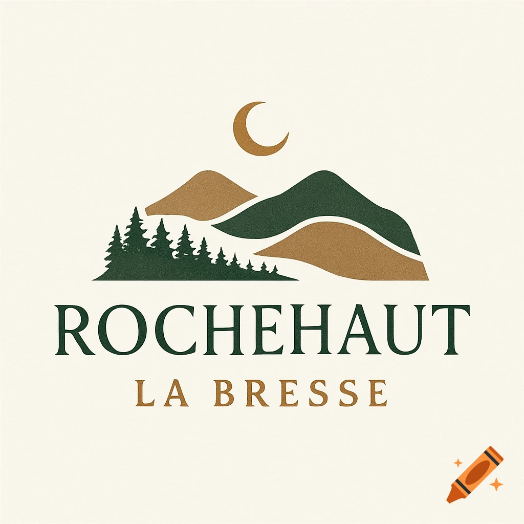 A nature-themed logo with stylized mountains, pine trees, a crescent moon, and the text 'ROCHEHAUT LA BRESSE'.