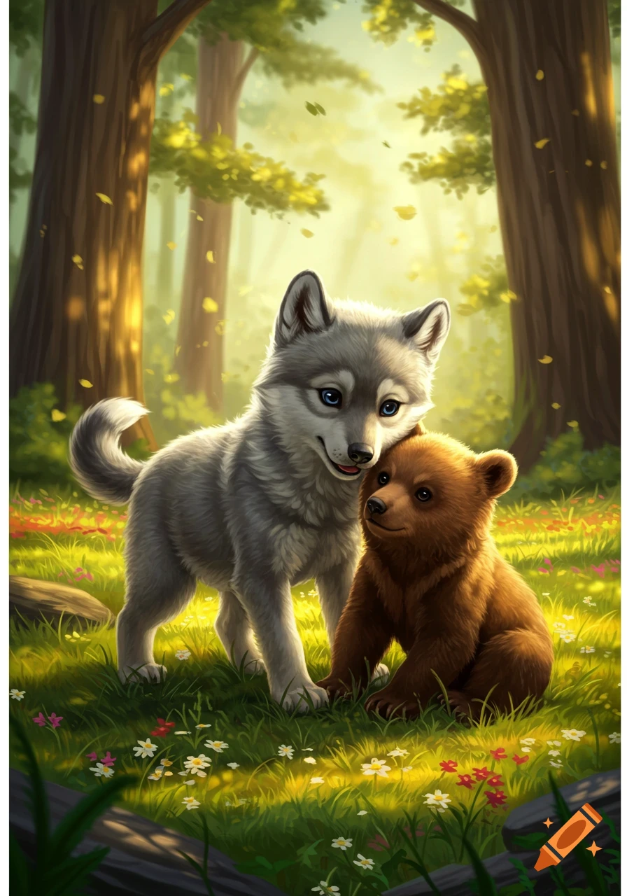 An illustration of a cute gray wolf cub and a brown bear cub together on a sunny forest floor with wildflowers.