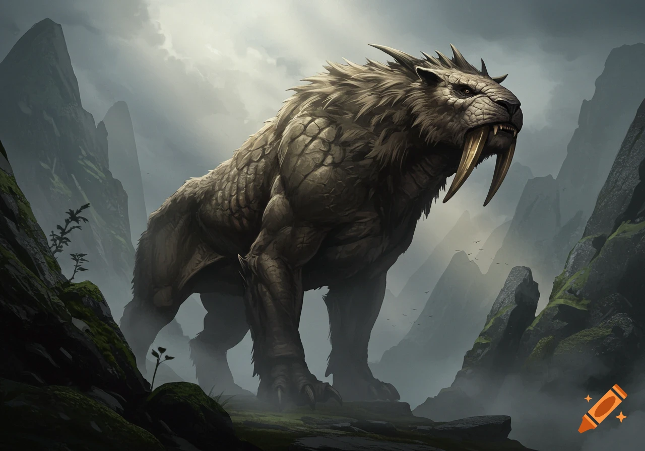 A massive, powerful saber-toothed monster with rough, scaly skin and a spiky mane stands in a misty mountain valley.
