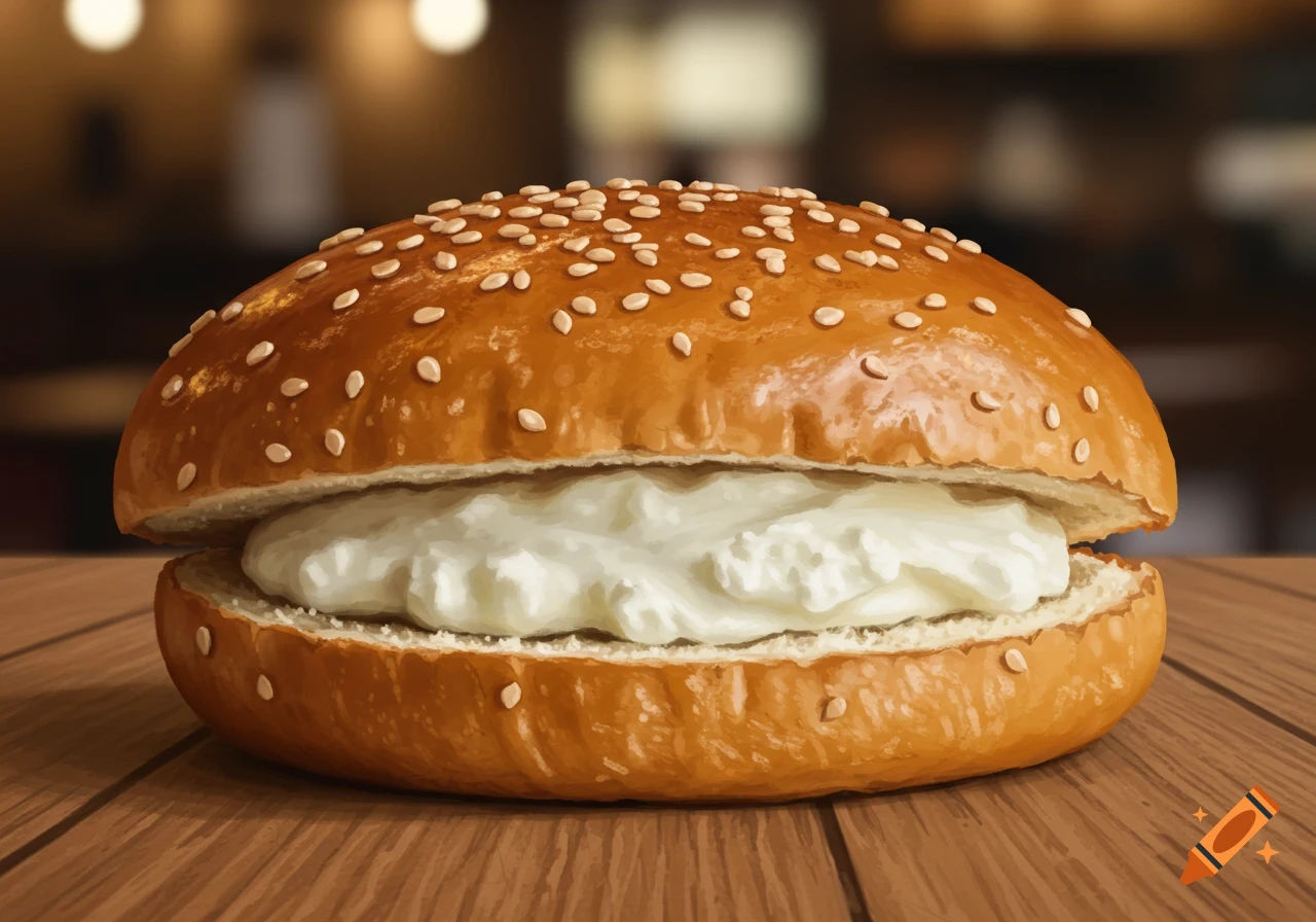 A close-up, stylized shot of a golden brioche bun with sesame seeds, filled with a fluffy white cream, resting on a wooden table.