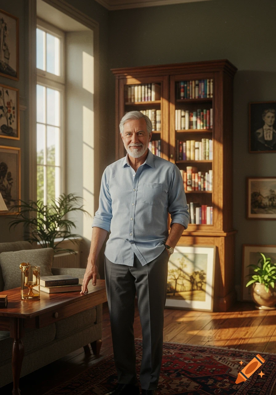 Photorealistic portrait of a smiling older man with gray hair in a light blue shirt, standing in a sunlit room with a bookshelf and window.