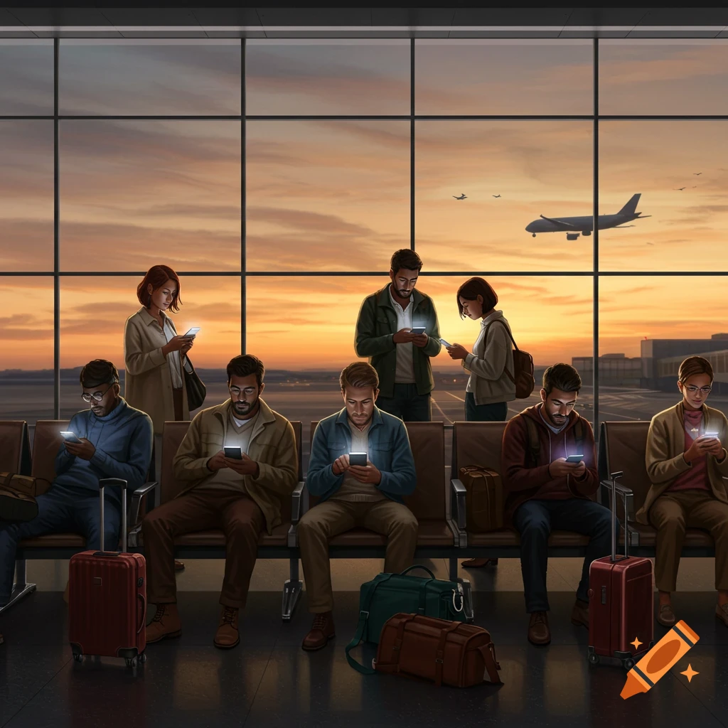 Diverse travelers sit and stand, engrossed in their phones, in a stylized airport waiting area at sunset.