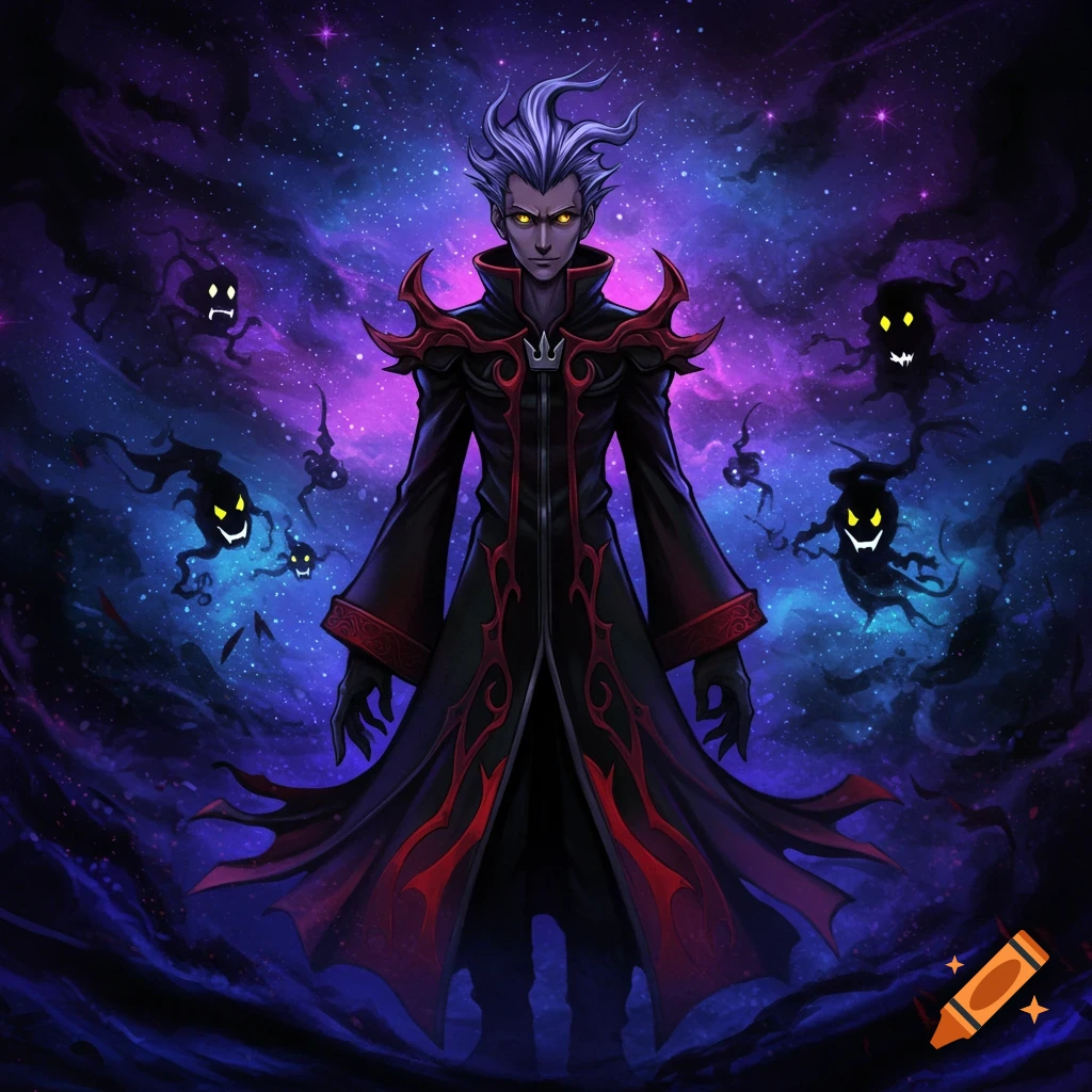 Ansem, a character with white hair and yellow eyes in a dark coat, surrounded by shadowy creatures against a vibrant purple galaxy.