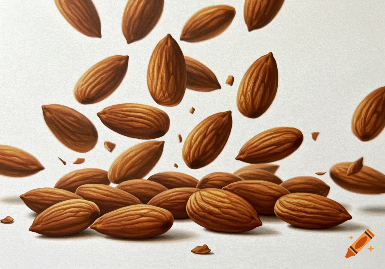 Hyperrealistic almonds falling and scattered on a white background, with some in and out of focus.