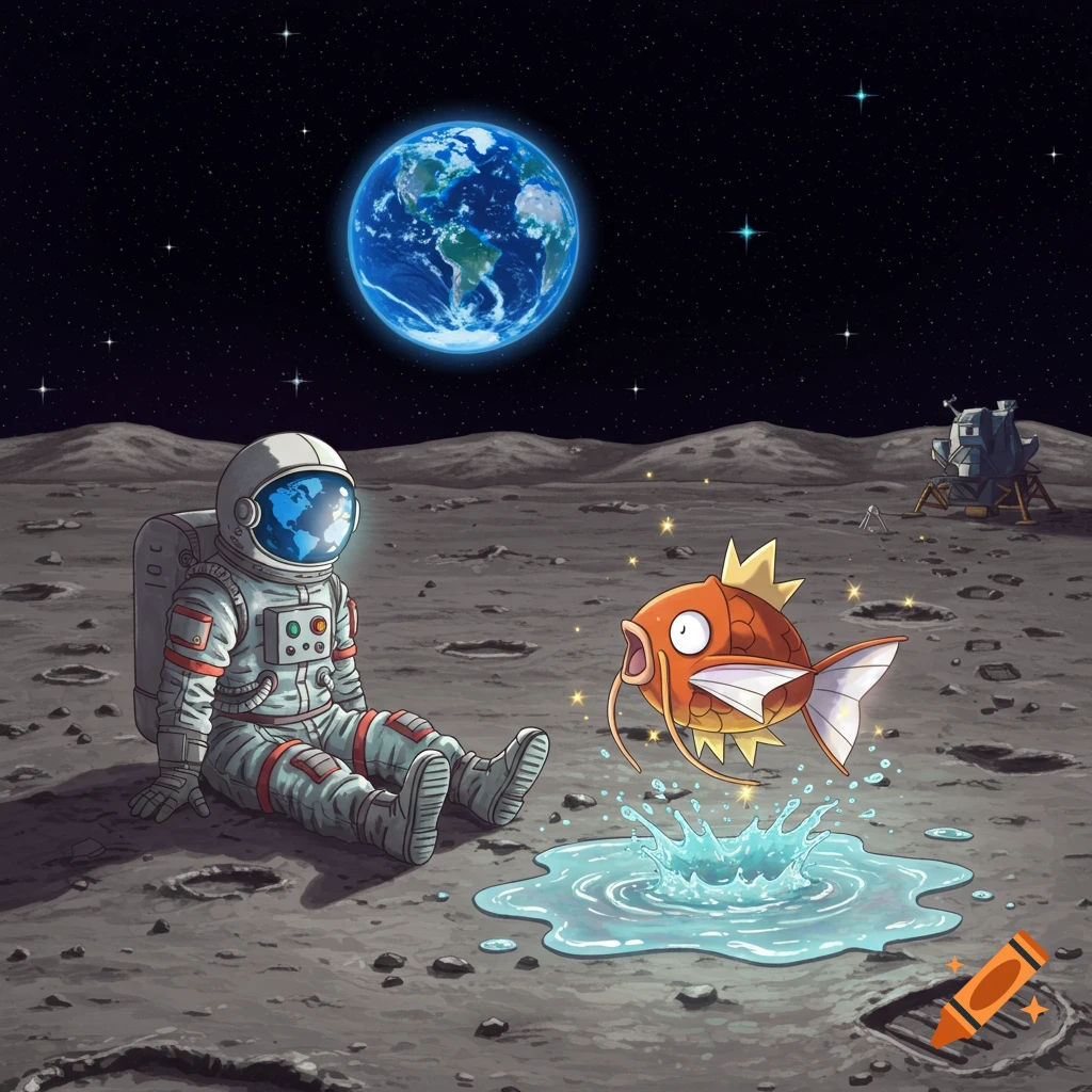 A cartoon astronaut sits on the moon near a splashing Magikarp, with Earth and a lunar lander in the background.