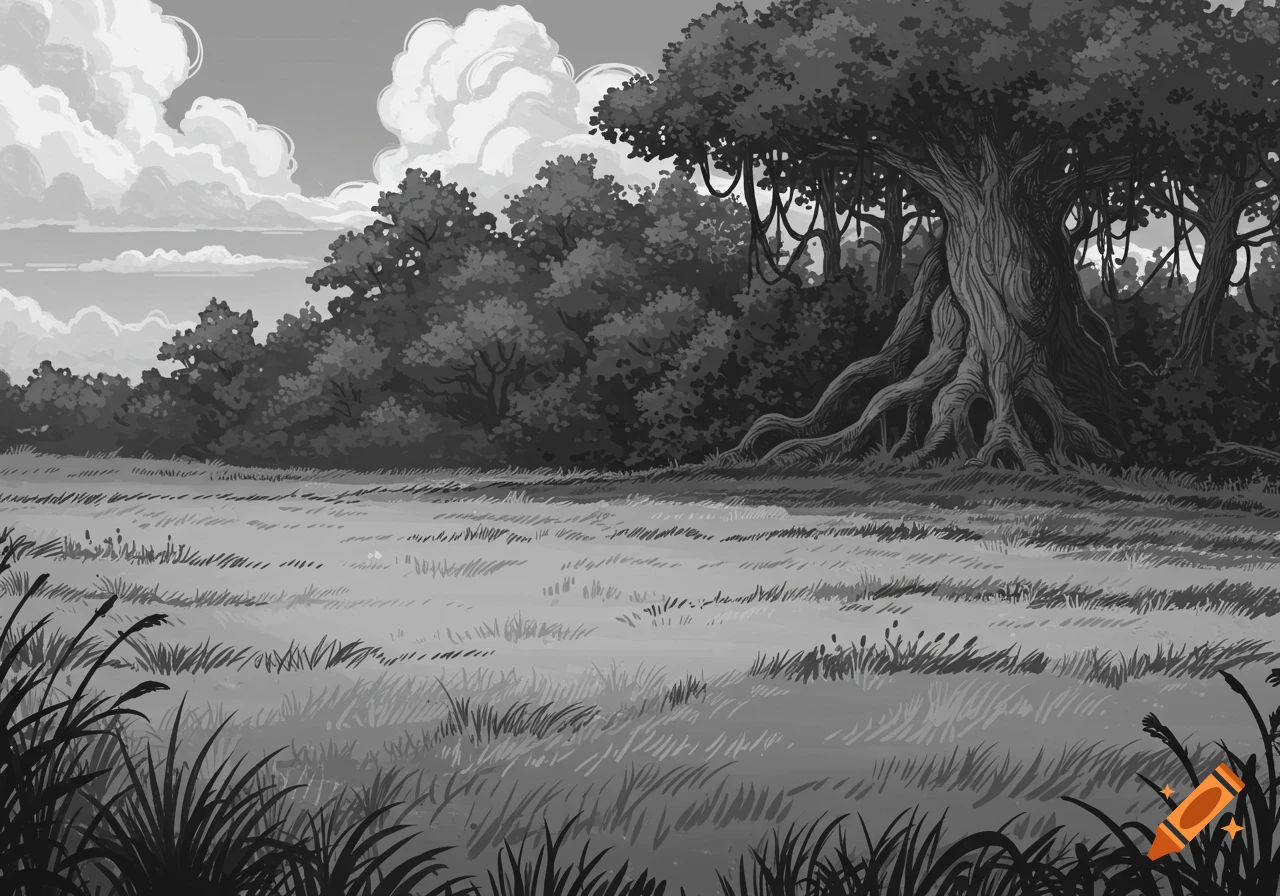 A black and white illustration of a field leading to a dense forest with a large ancient tree, featuring prominent roots and vines, under a cloudy sky.