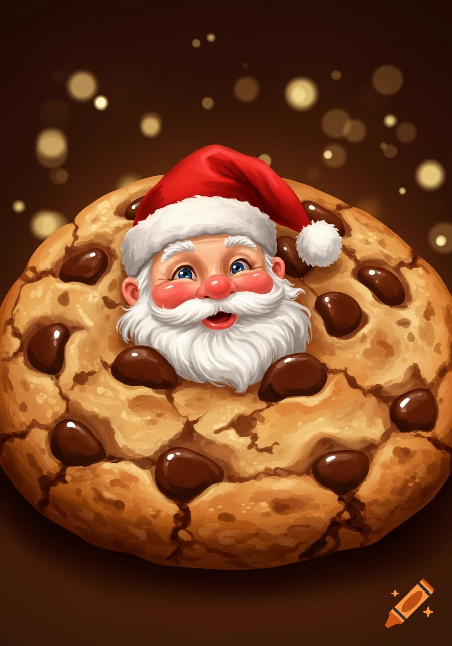 A cheerful Santa Claus with a white beard and red hat smiling, half-submerged in a giant chocolate chip cookie. Illustration.