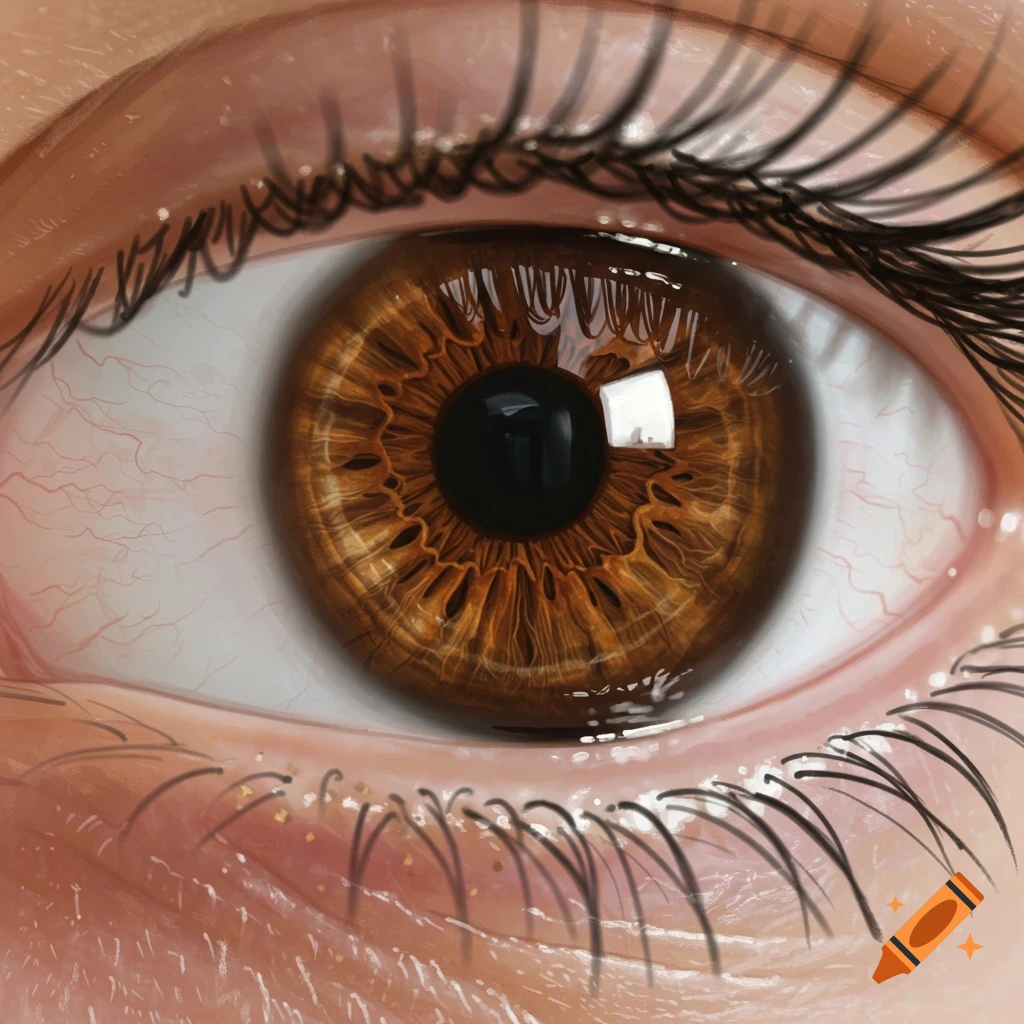 Highly detailed, photorealistic close-up of a brown human iris with visible blood vessels and light reflection.