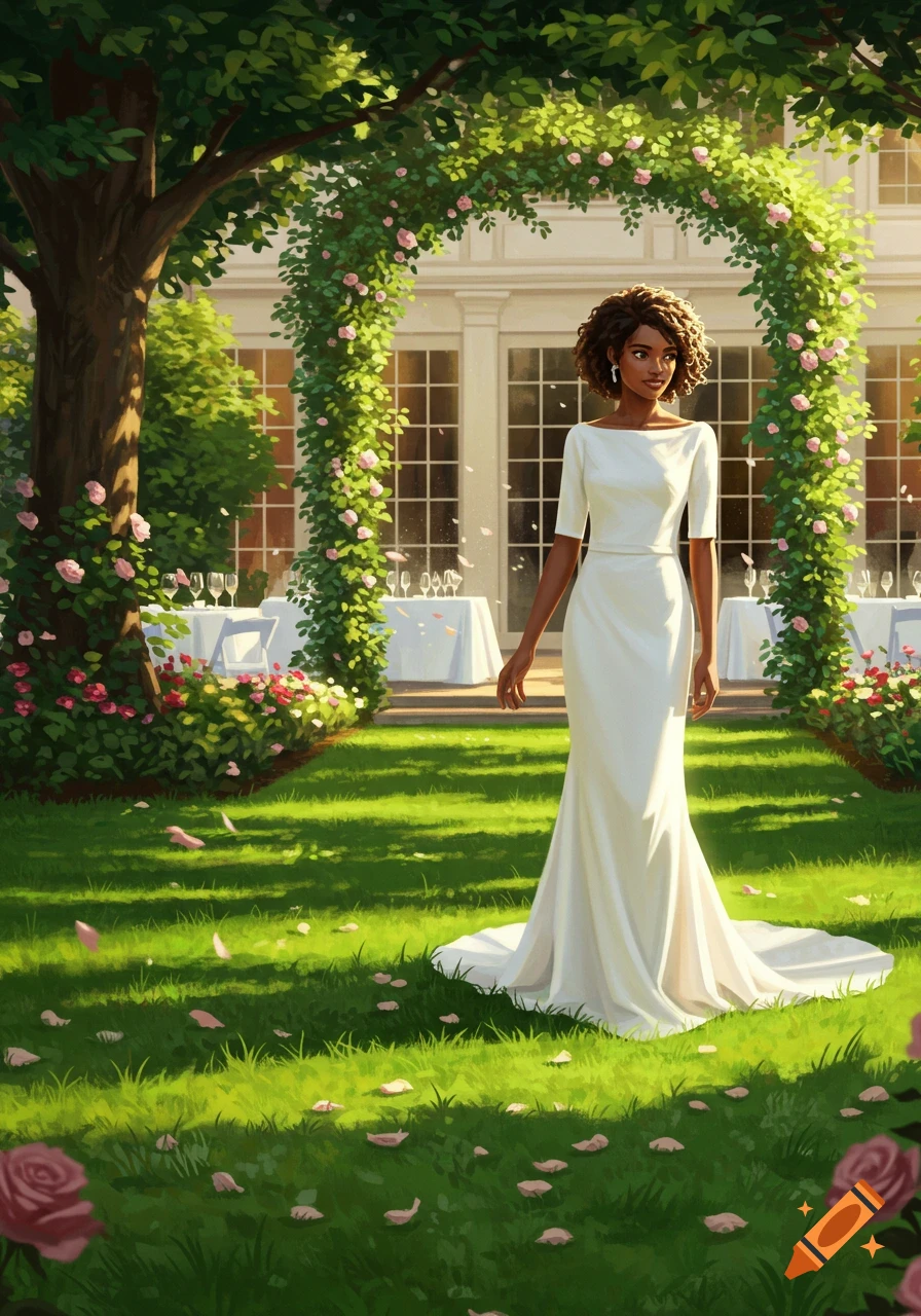 An illustrated woman in a white wedding dress stands in a lush garden with pink rose petals on the grass and a building in the background.