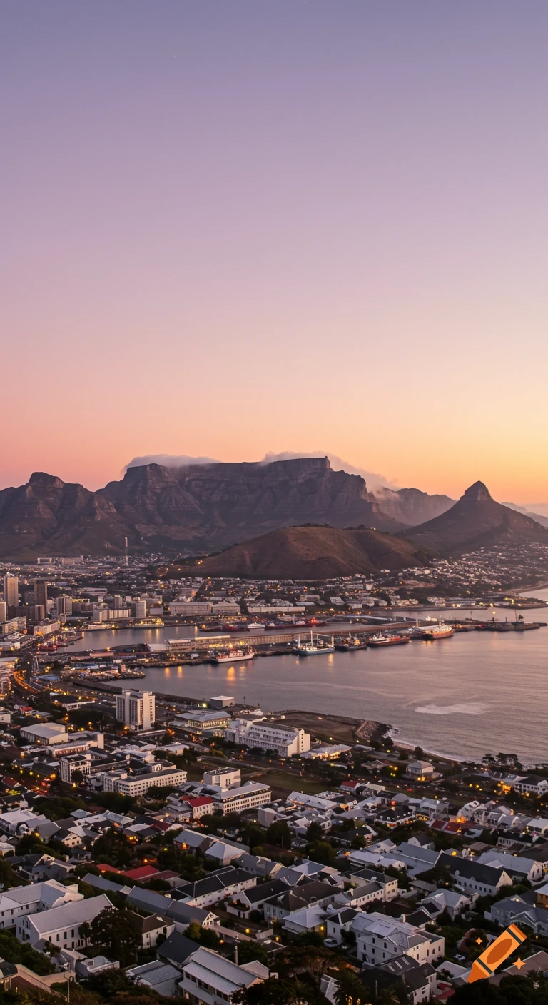 An aerial view of Cape Town cityscape and harbor with Table Mountain in the background at sunrise, featuring pastel skies.