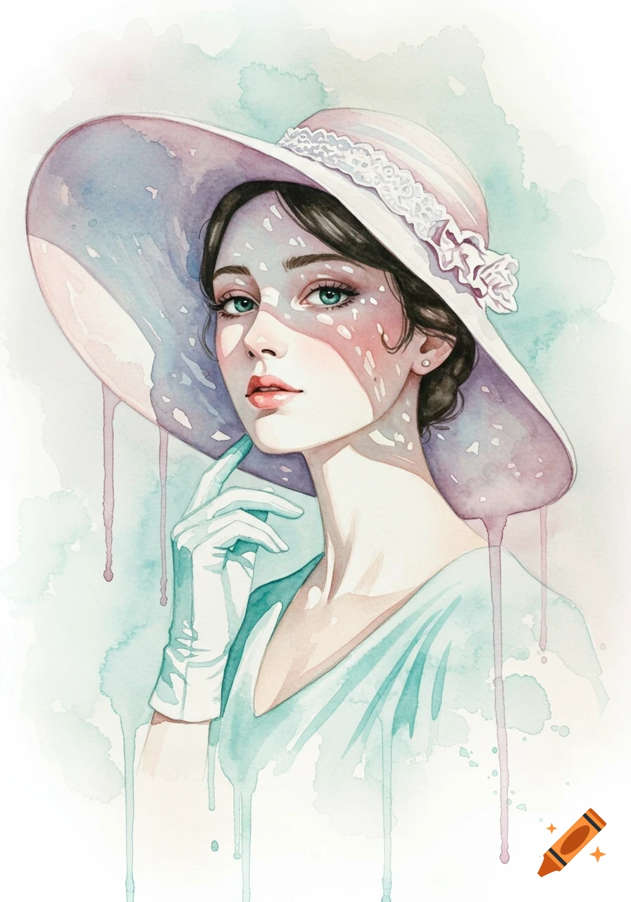 A watercolor portrait of a woman wearing a wide-brimmed hat, light dress, and gloves, gently touching her chin.