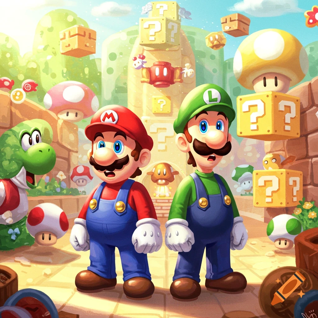 Mario and Luigi stand with Yoshi in a vibrant, cartoon Super Mario landscape filled with question blocks and mushrooms.
