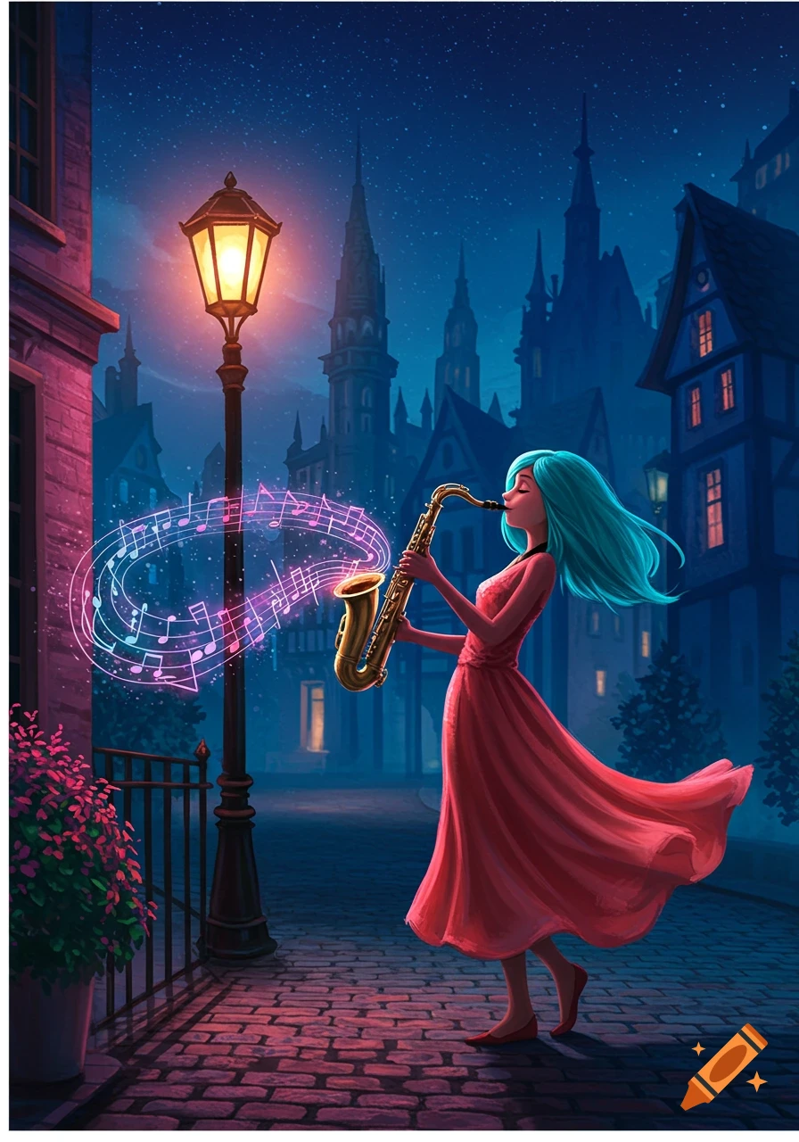 A stylized illustration of a woman with blue hair playing a saxophone on an enchanted city street at night, with glowing musical notes swirling around her.