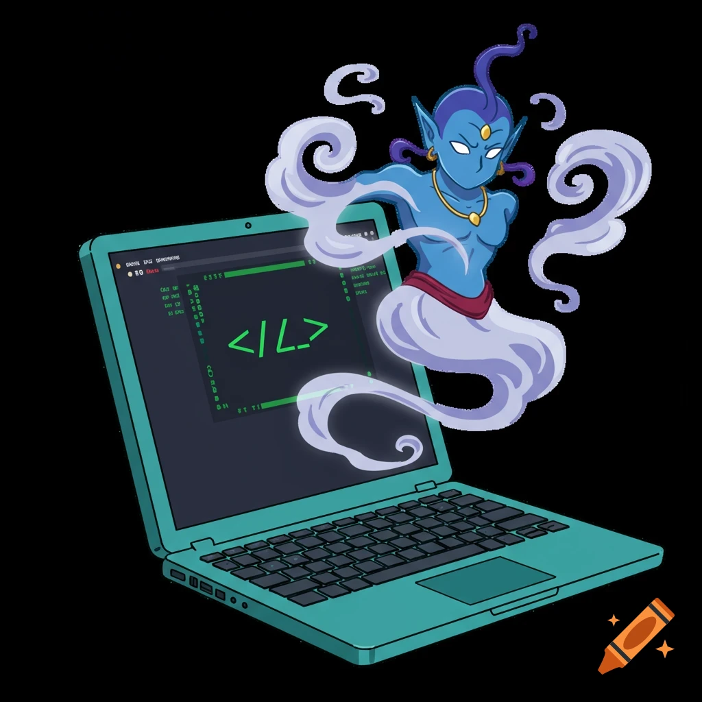A blue-purple djinn with a red sash emerges from the glowing green screen of a teal laptop, in a flat anime style.