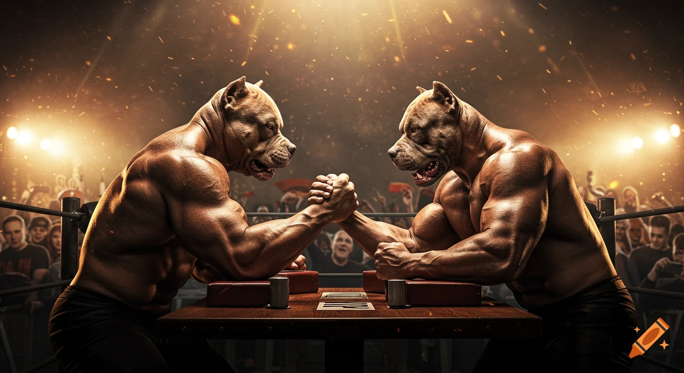 Two muscular, jacked men with pit bull heads arm wrestle fiercely on a table in a brightly lit wrestling ring before a crowd.