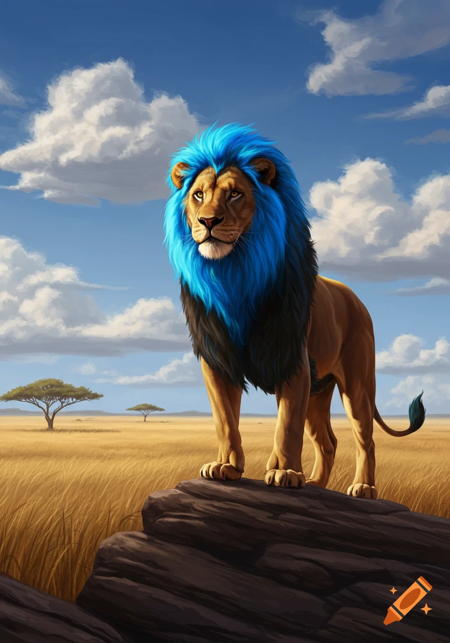 A realistic lion with a vibrant blue mane and tail tip stands on a rock in a golden savannah under a blue sky.