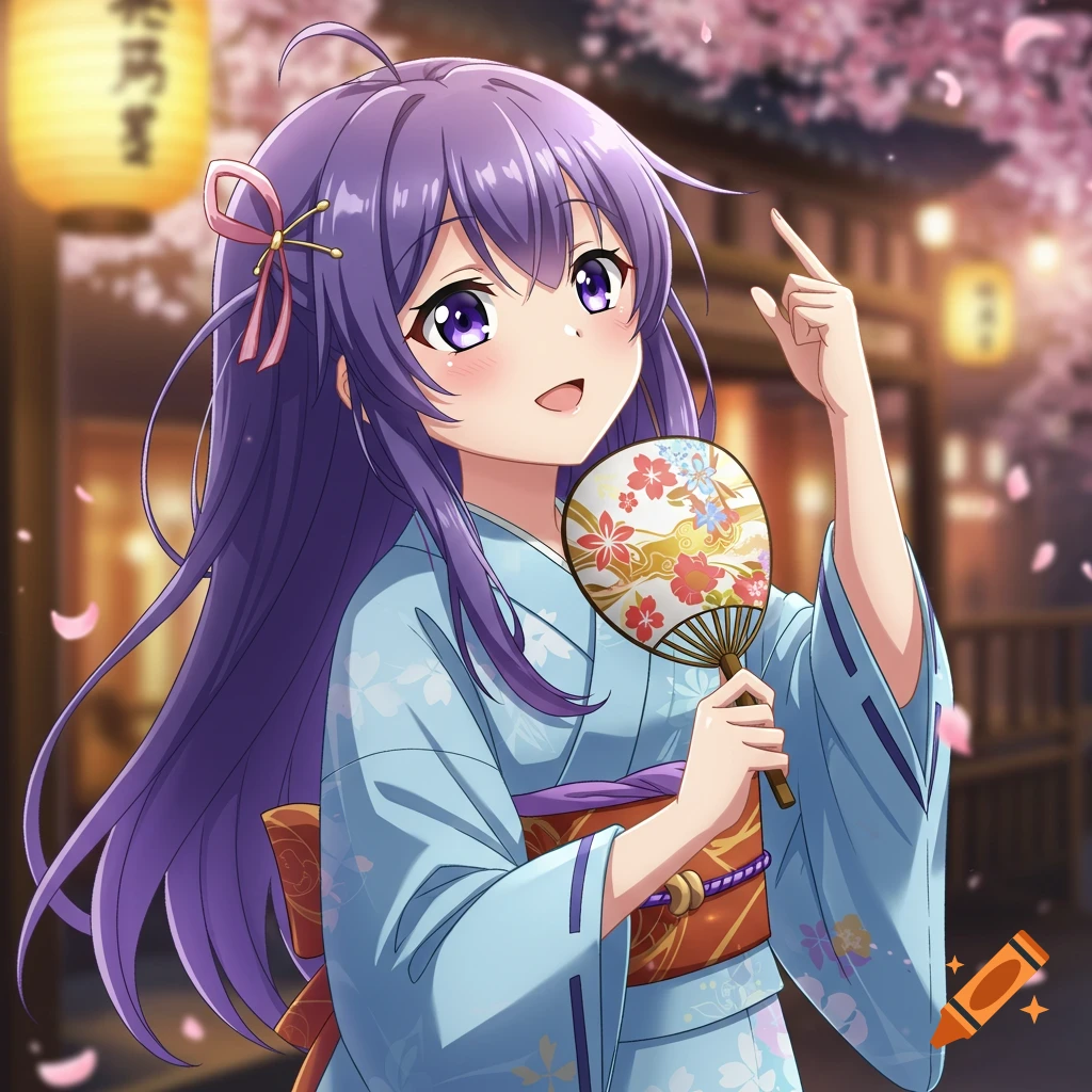 Anime girl with long purple hair, wearing a light blue yukata, holding a fan and smiling on a Japanese street with cherry blossoms.