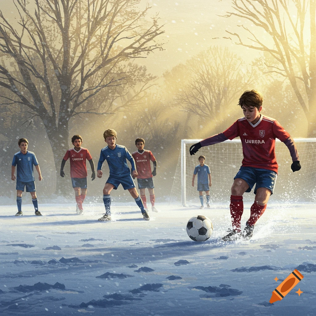 Young boys play soccer in a snowy field. A boy in a red jersey kicks the ball, splashing snow.